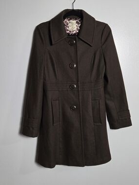 Tulle Dark Brown Wool Blend Button Front Peacoat Trench Coat Jacket Size Small
